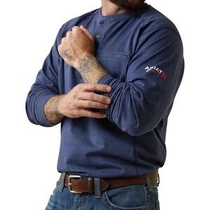 Ariat FR 3XL Air Henley Mens  Blue Graphic Print Long Sleeve